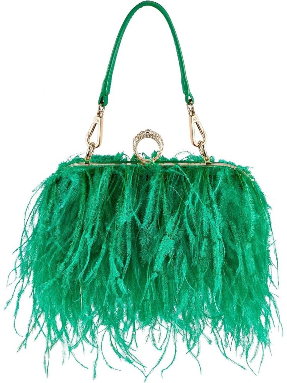 Women's Green Feather Purse Fluffy Ostrich Clasp Cocktail Evening Handbag